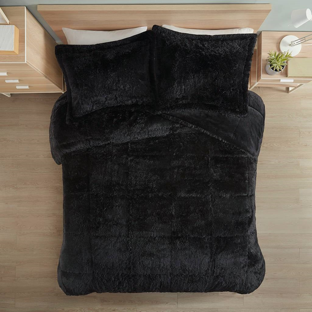 Full/Queen Black Soft Sherpa Faux Fur 3-Piece Comforter Set with Pillow Shams-0