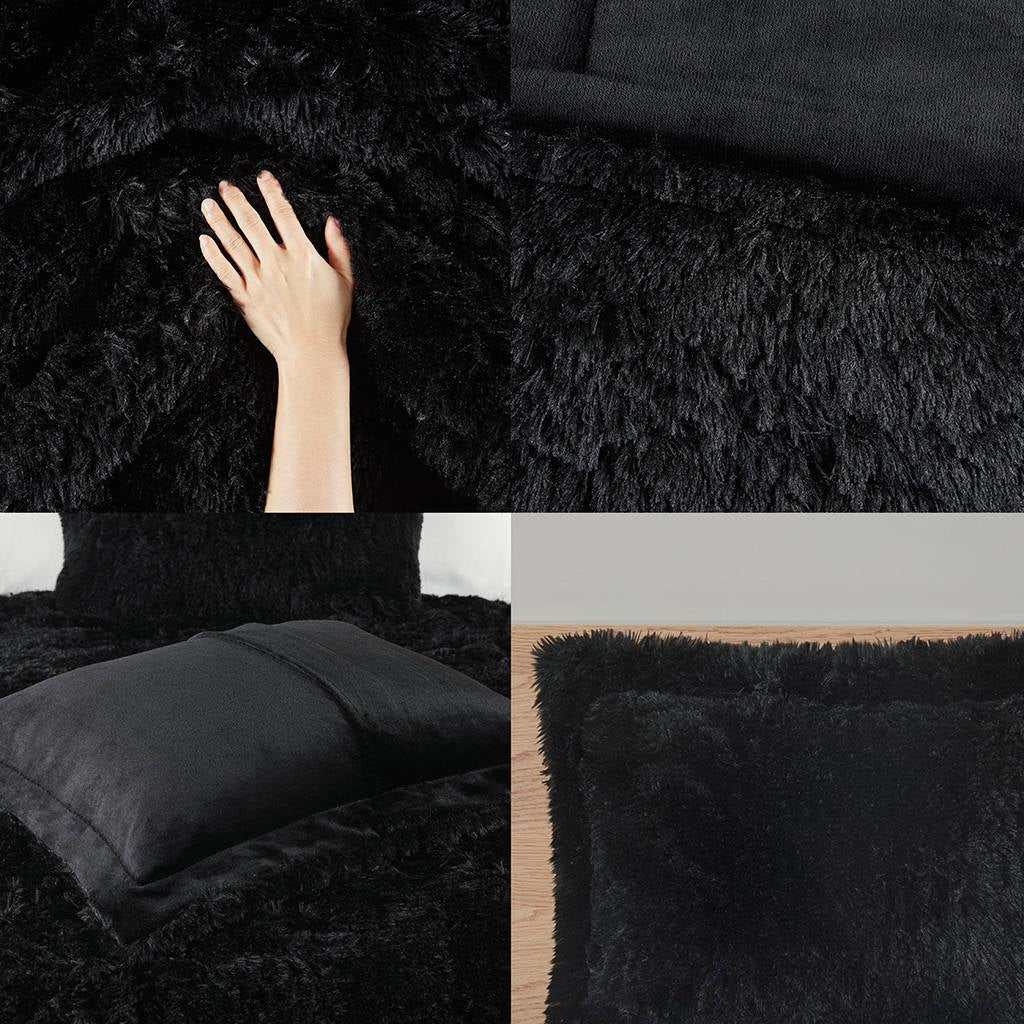 Full/Queen Black Soft Sherpa Faux Fur 3-Piece Comforter Set with Pillow Shams-1