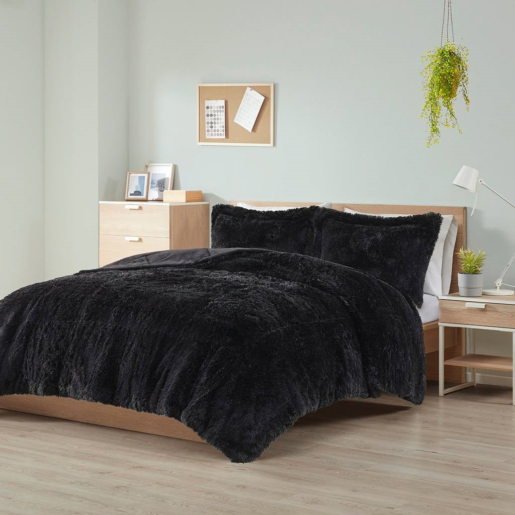 Full/Queen Black Soft Sherpa Faux Fur 3-Piece Comforter Set with Pillow Shams-2