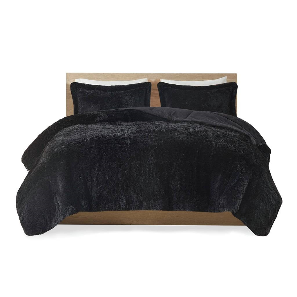 Full/Queen Black Soft Sherpa Faux Fur 3-Piece Comforter Set with Pillow Shams-3