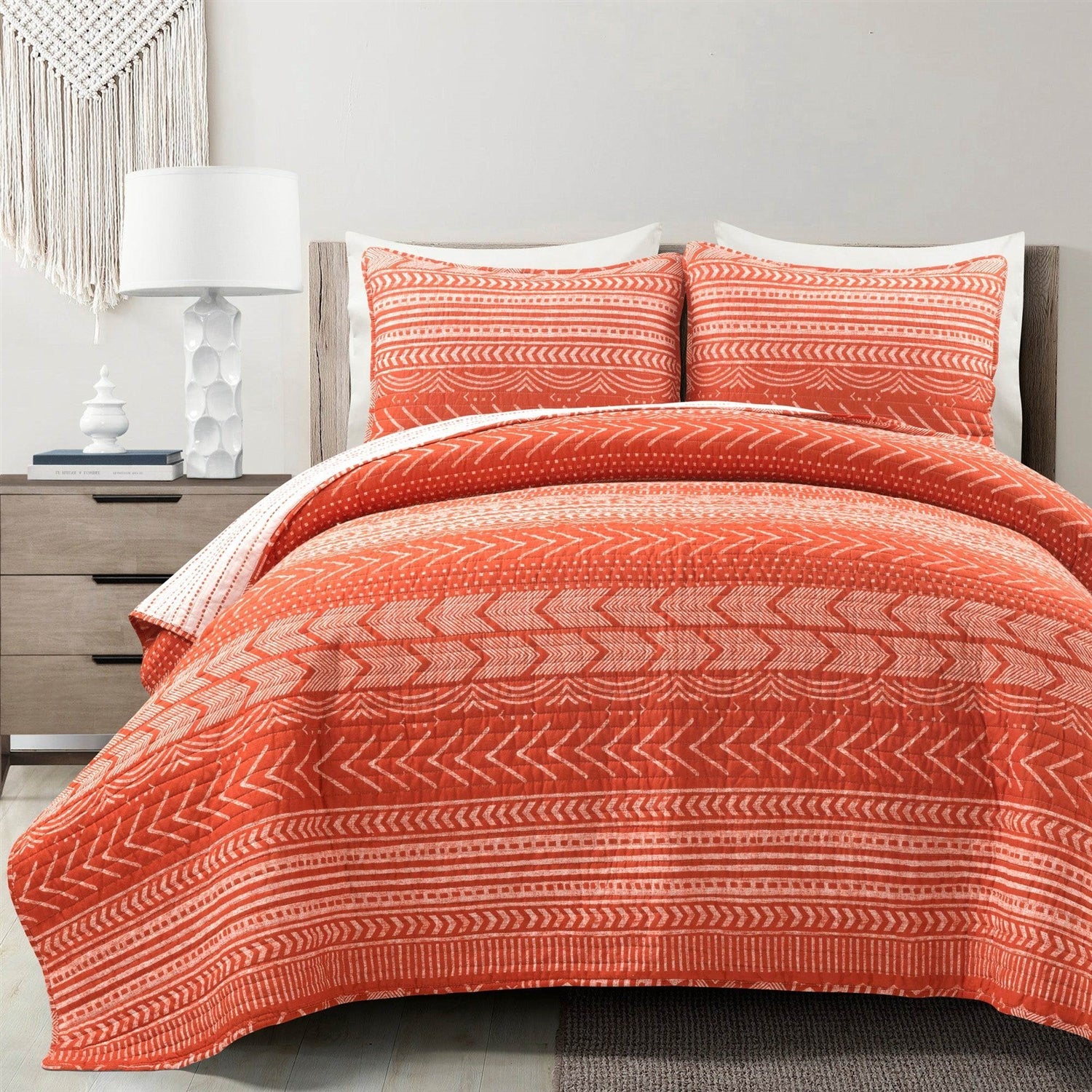 Full/Queen Scandinavian Chevron Orange White Stripe Reversible Cotton Quilt Set-0