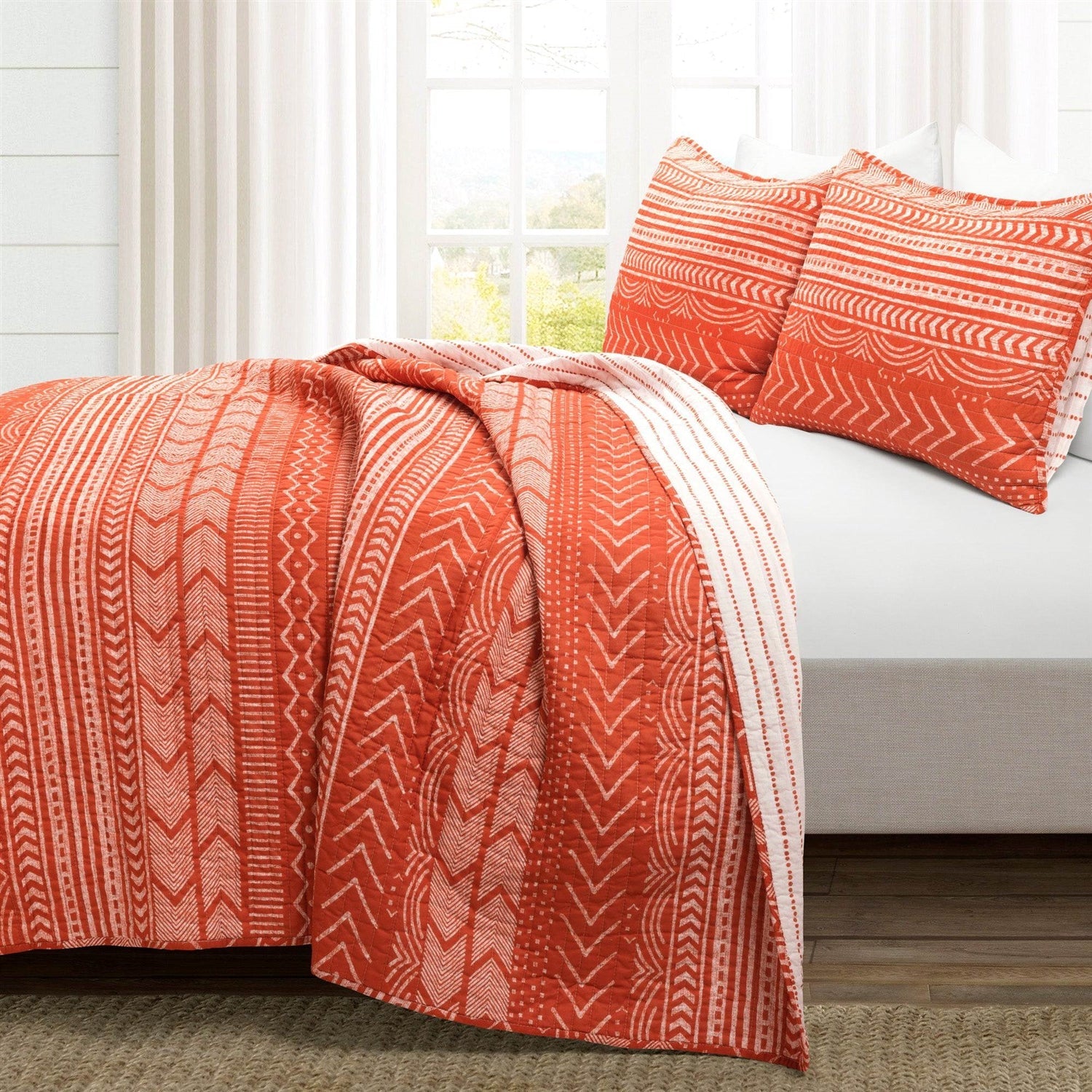 Full/Queen Scandinavian Chevron Orange White Stripe Reversible Cotton Quilt Set-1