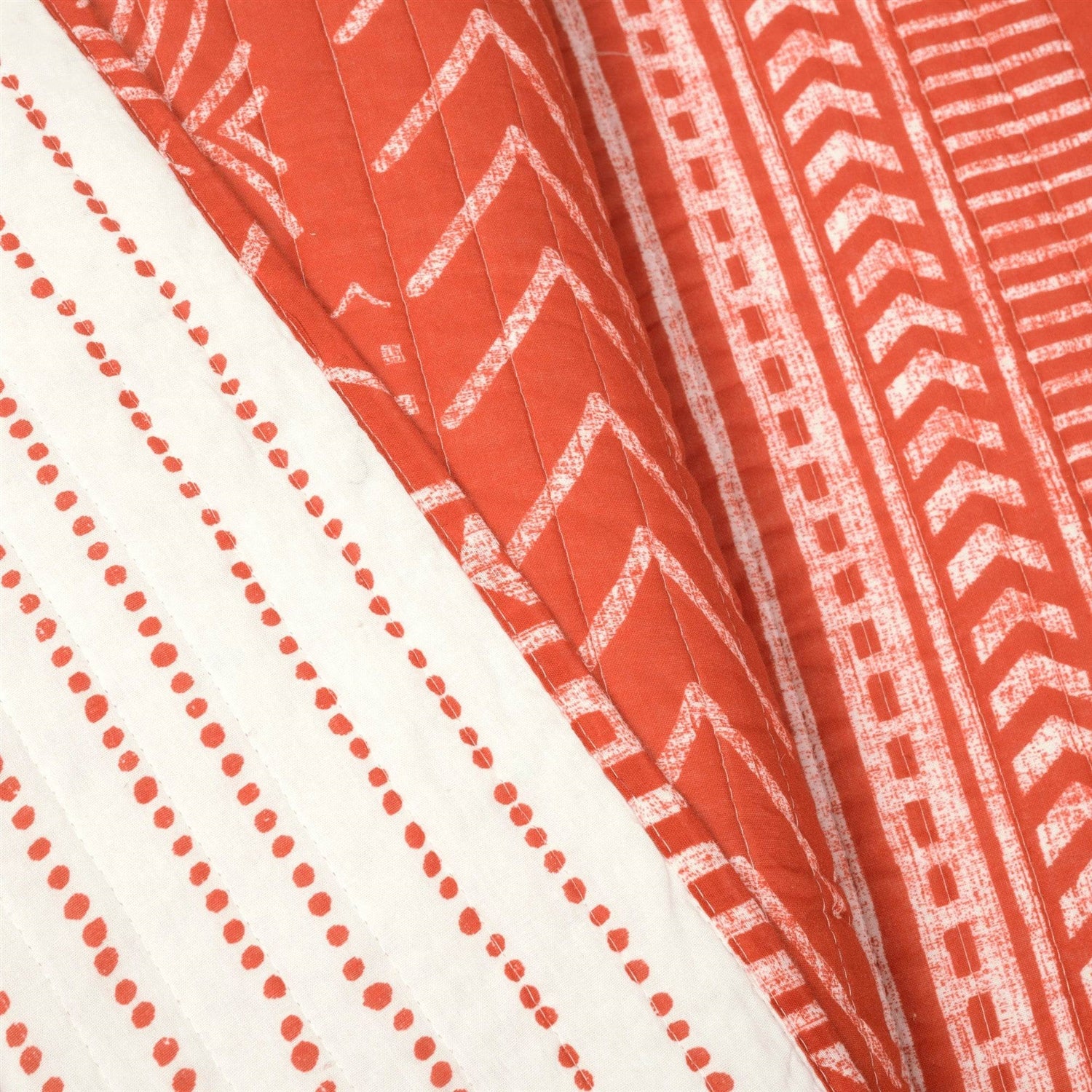 Full/Queen Scandinavian Chevron Orange White Stripe Reversible Cotton Quilt Set-3