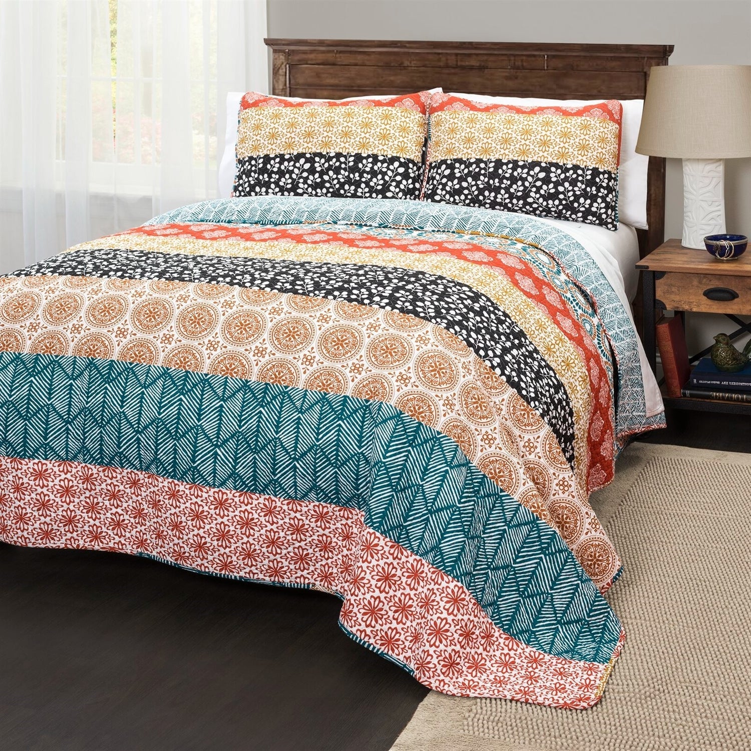 Full/Queen size Cotton 3 Piece Reversible Teal Orange Bohemian Stripe Quilt Set-1