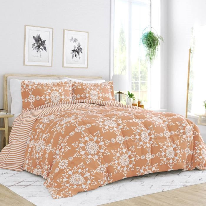 Full/Queen size 3-Piece Clay and White Reversible Floral Striped Comforter Set-1