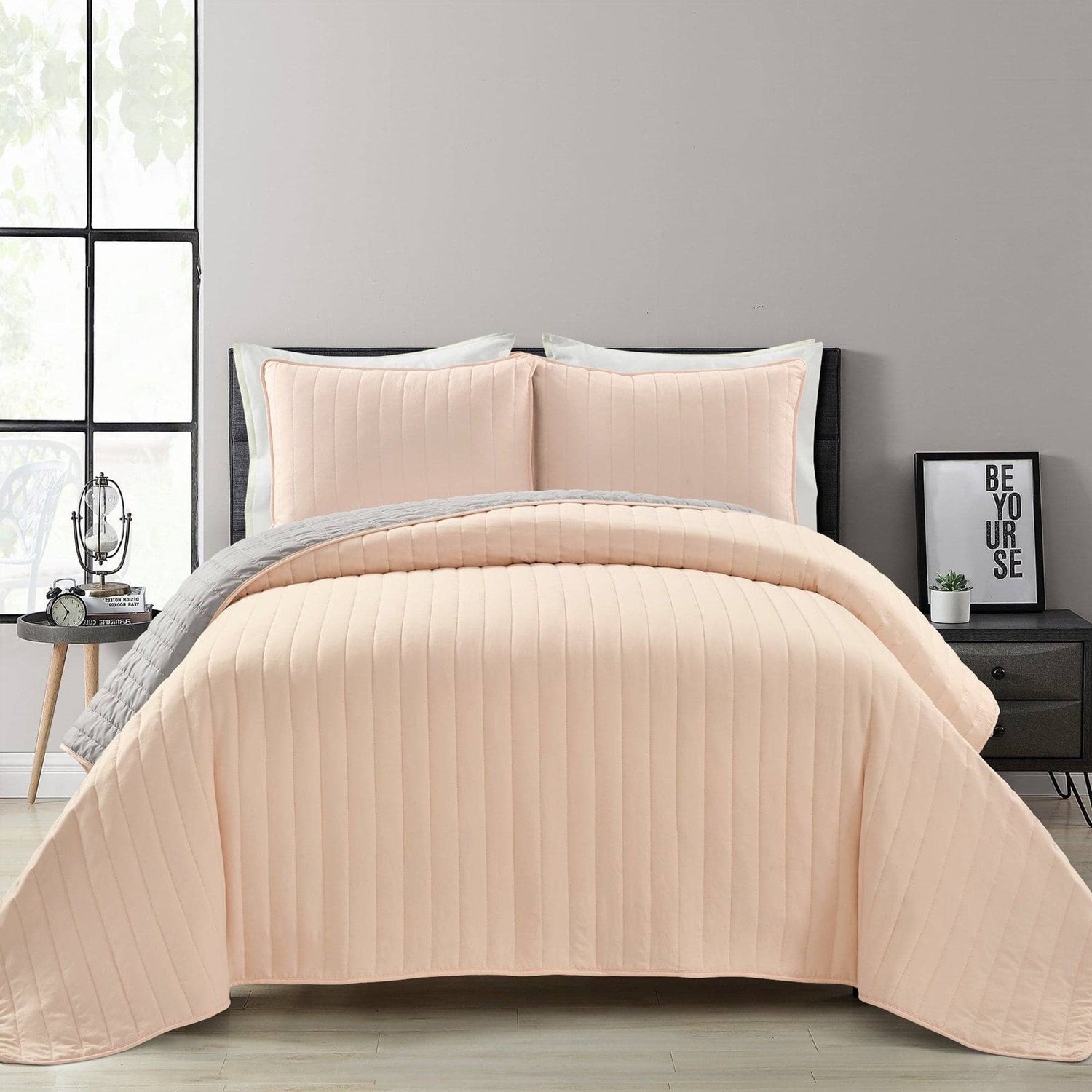 Full/Queen Soft Reversible Lightweight Quilt Set in Rose Blush Pink and Grey-0