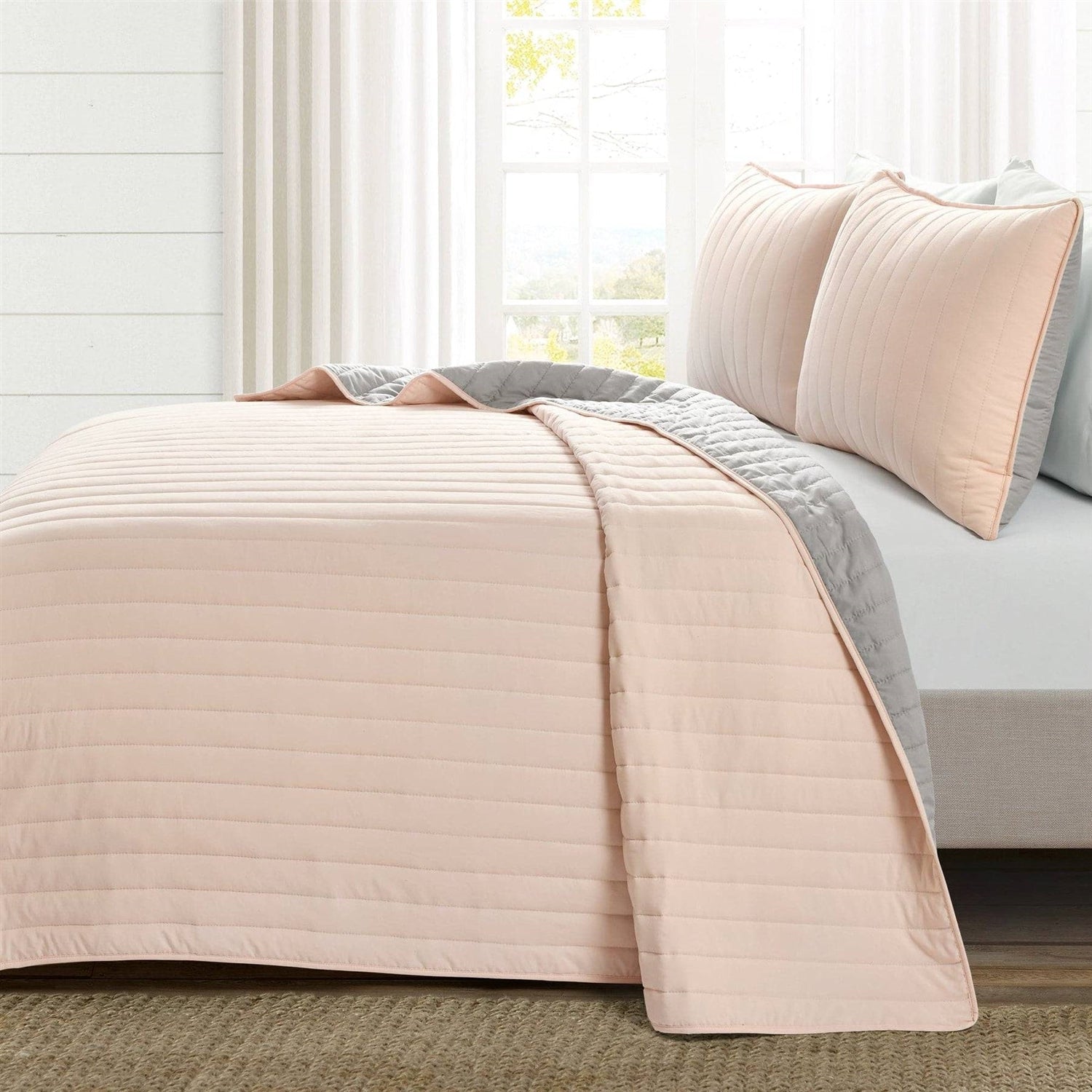 Full/Queen Soft Reversible Lightweight Quilt Set in Rose Blush Pink and Grey-2