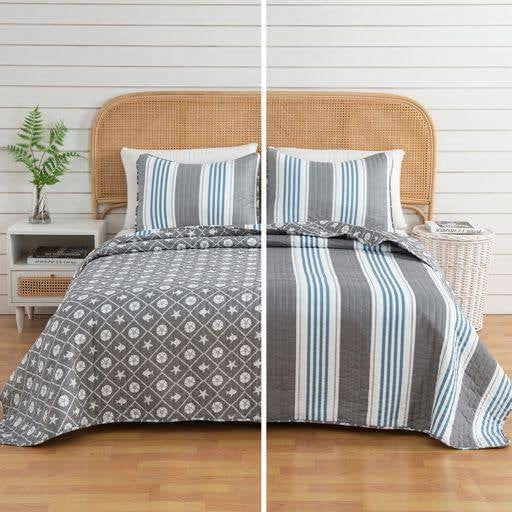 Full/Queen 3 Piece Coastal Starfish Sand Dollar Grey Blue White Quilt Set-1