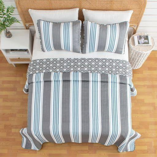 Full/Queen 3 Piece Coastal Starfish Sand Dollar Grey Blue White Quilt Set-4