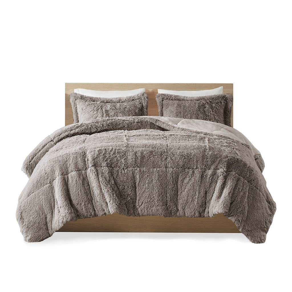 Full/Queen Grey Soft Sherpa Faux Fur 3-Piece Comforter Set with Pillow Shams-2