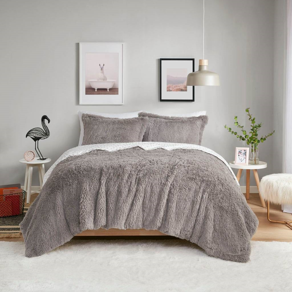 Full/Queen size Grey Reversible Soft Sherpa Faux Fur 3-Piece Comforter Set-0