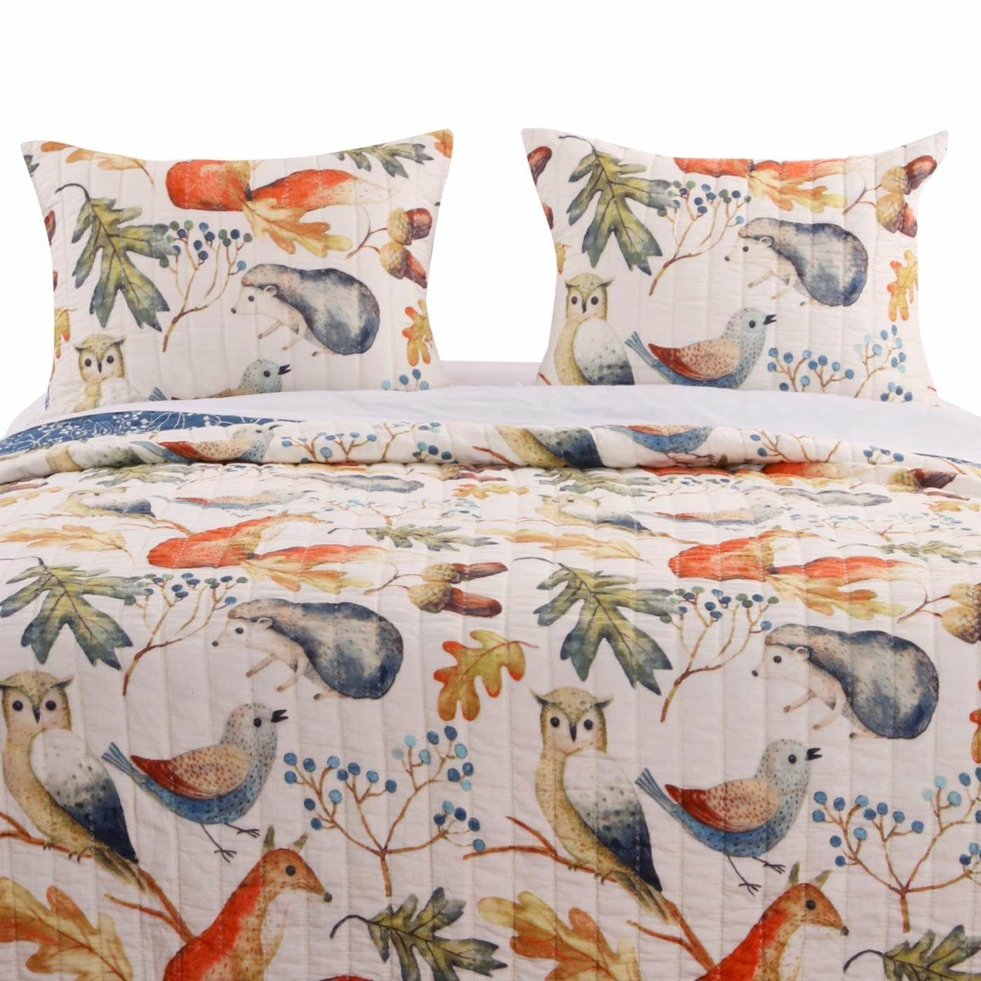 Full/Queen Blue Beige Birds Animals Floral Microfiber Reversible Quilt Set-0