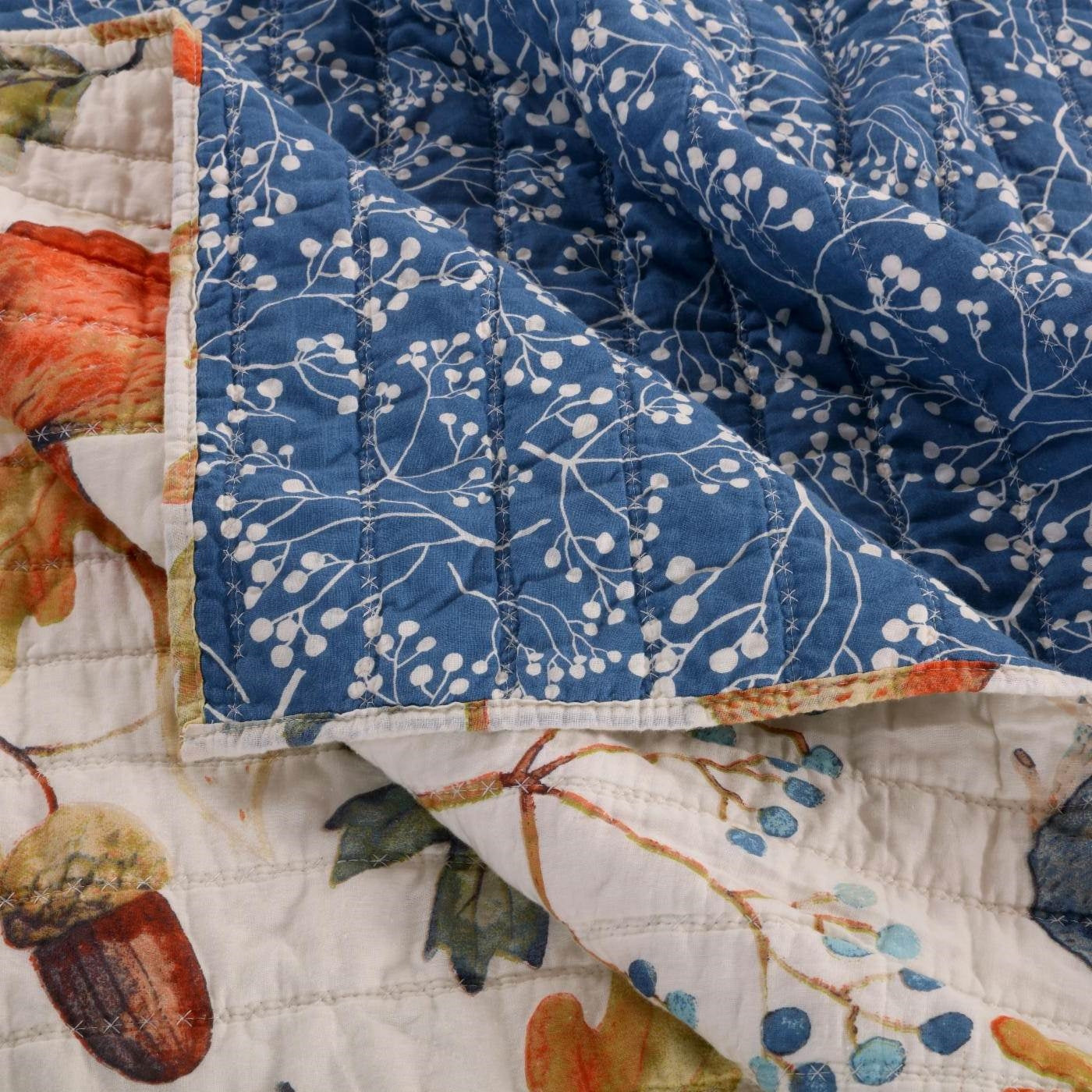 Full/Queen Blue Beige Birds Animals Floral Microfiber Reversible Quilt Set-3