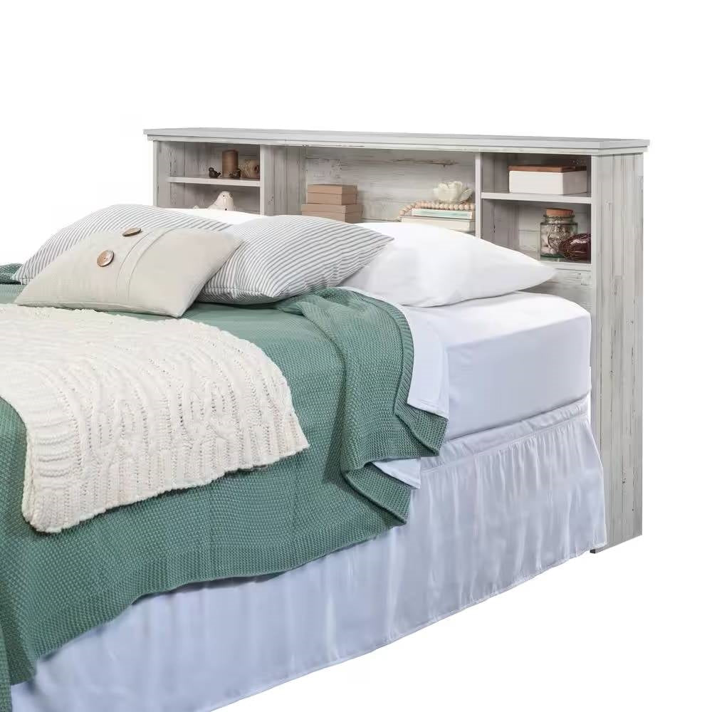 Full / Queen size Farmhouse Bookcase Headboard in Grey White Wood Finish-1