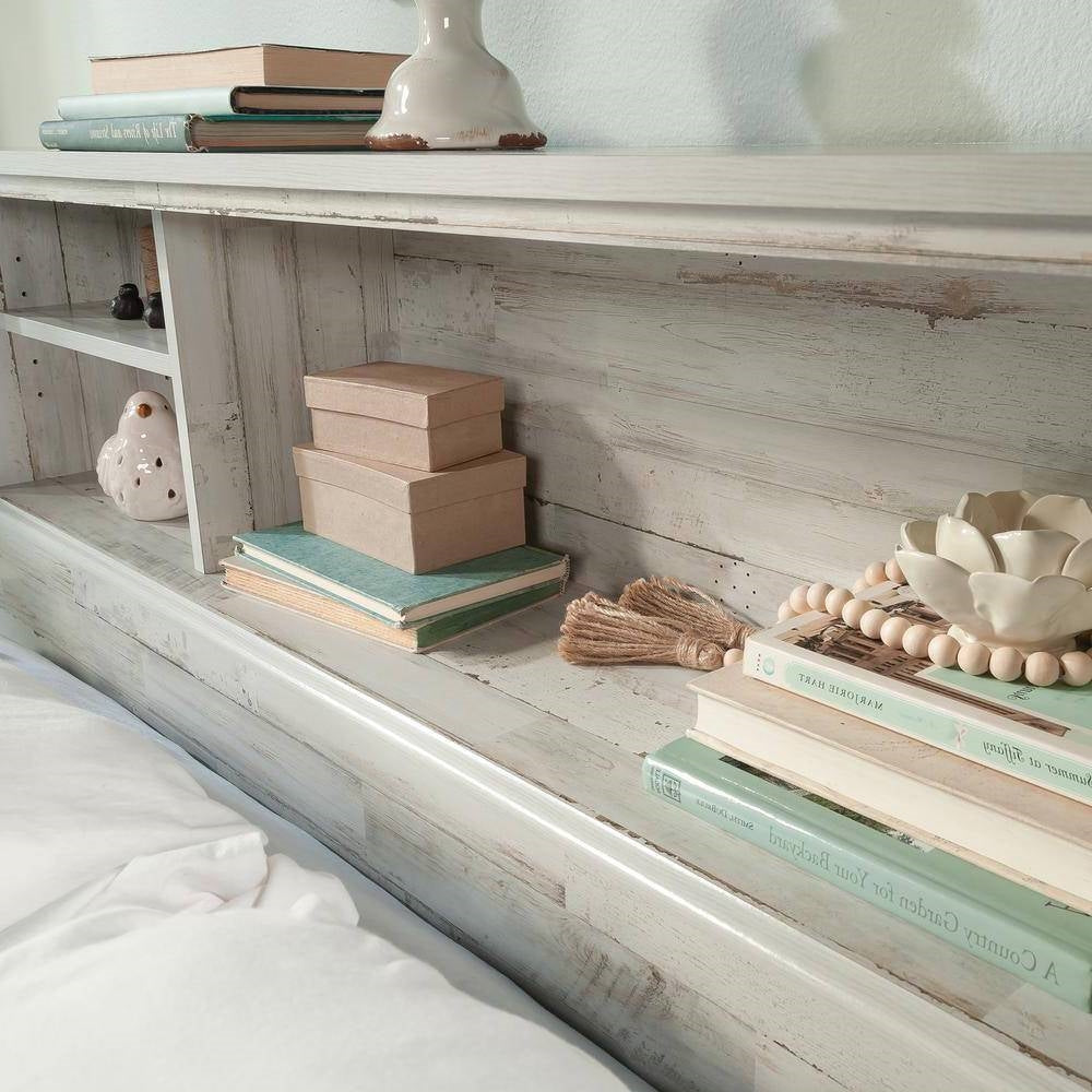 Full / Queen size Farmhouse Bookcase Headboard in Grey White Wood Finish-3