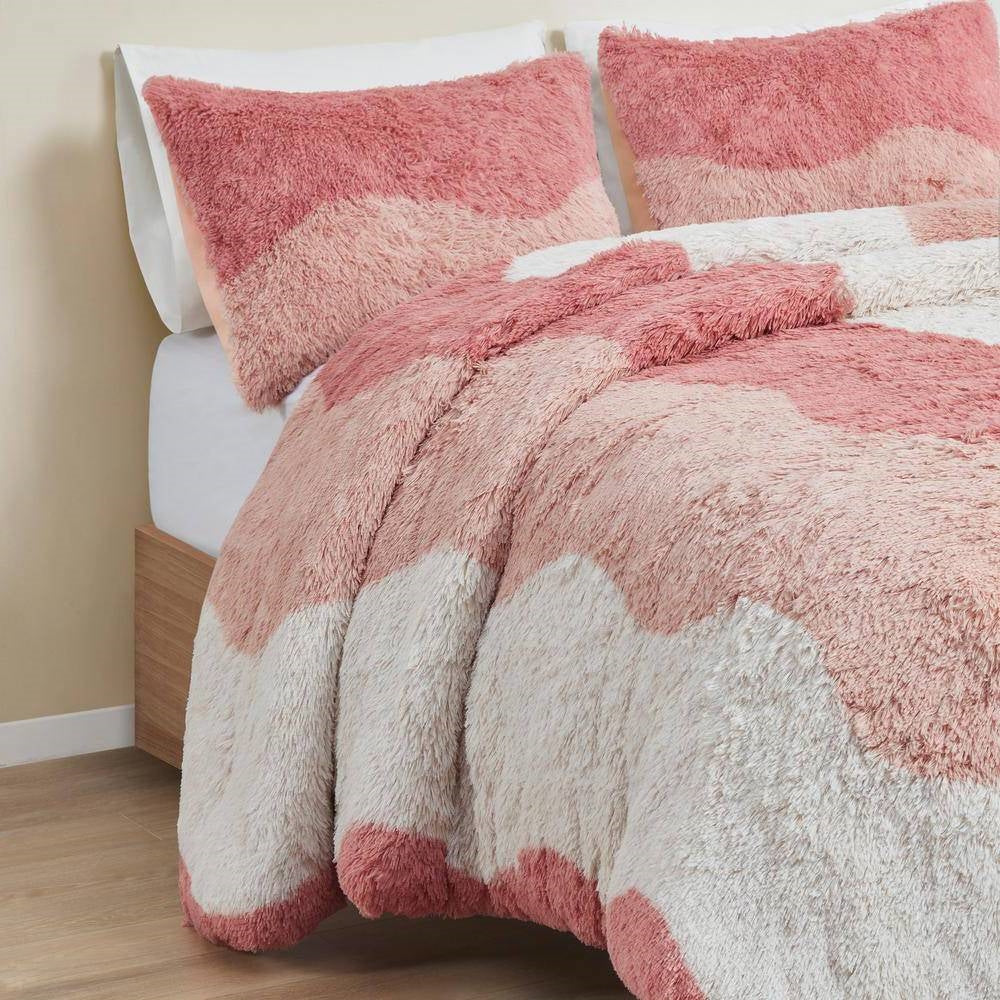 Full/Queen Pink Blush White Reversible Soft Sherpa Faux Fur 3-PC Comforter Set-2