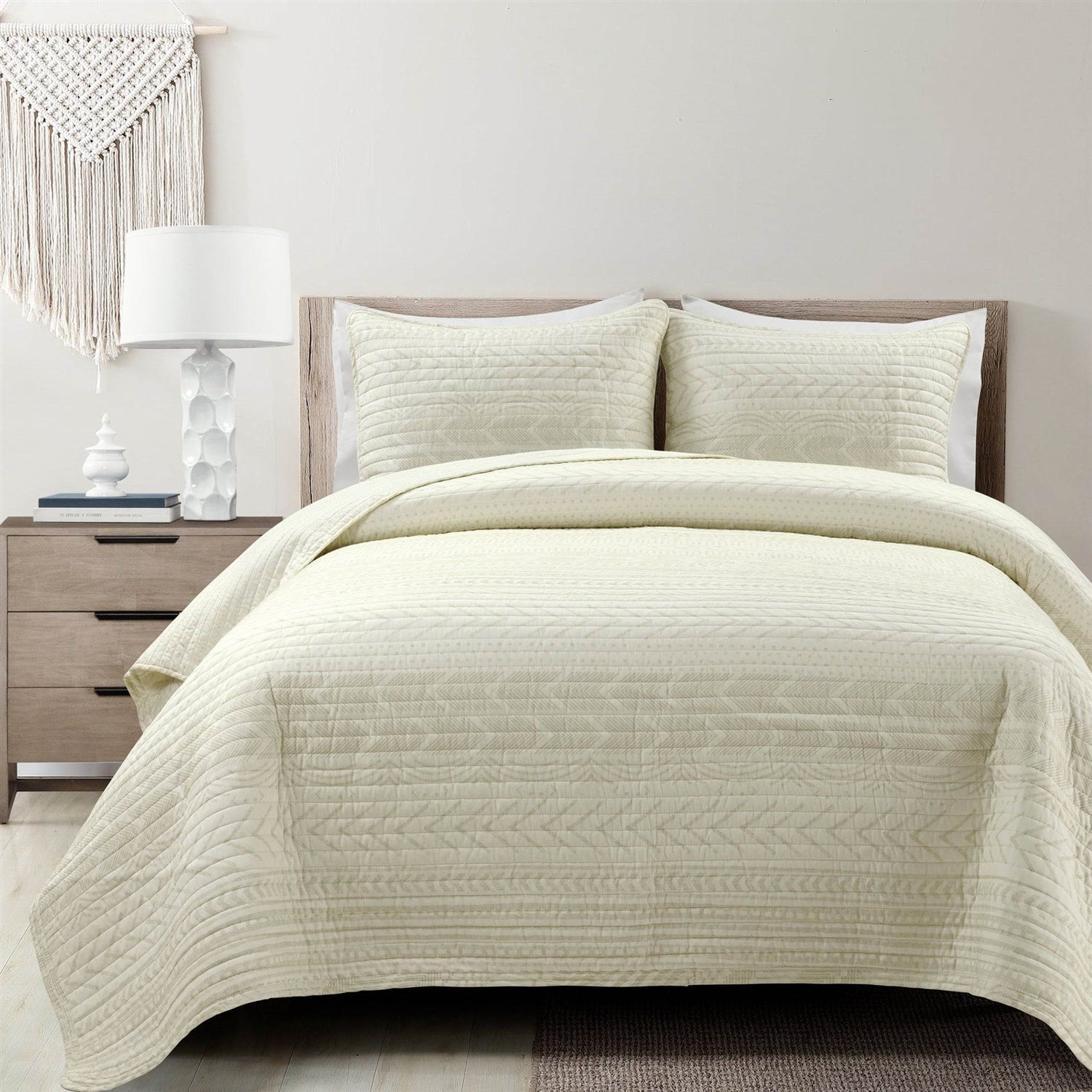 Full/Queen Scandinavian Chevron Ivory Beige Reversible Cotton Quilt Set-0