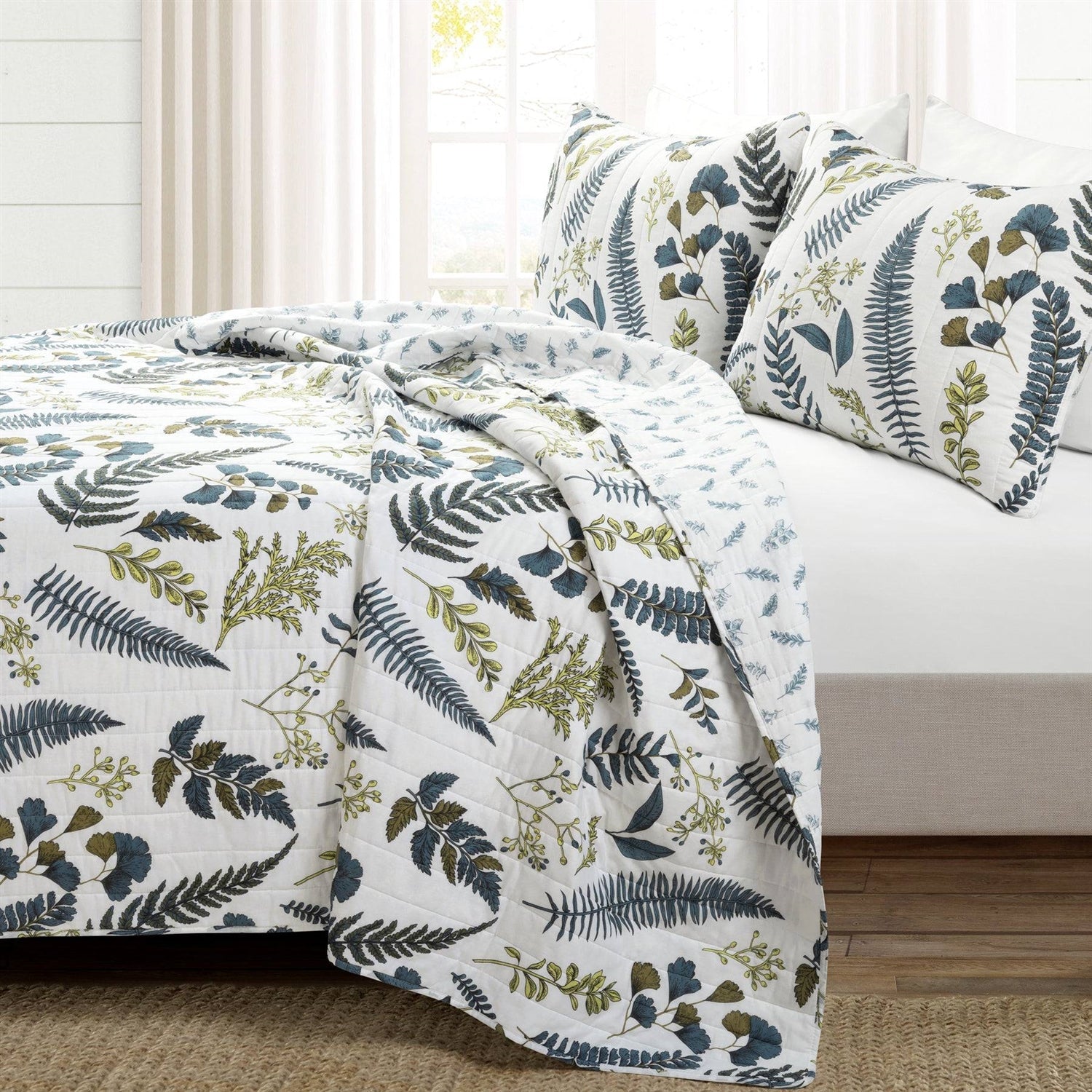 Full/Queen Reversible Cotton Lightweight Floral Fern Leaves 3 Piece Quilt Set-1