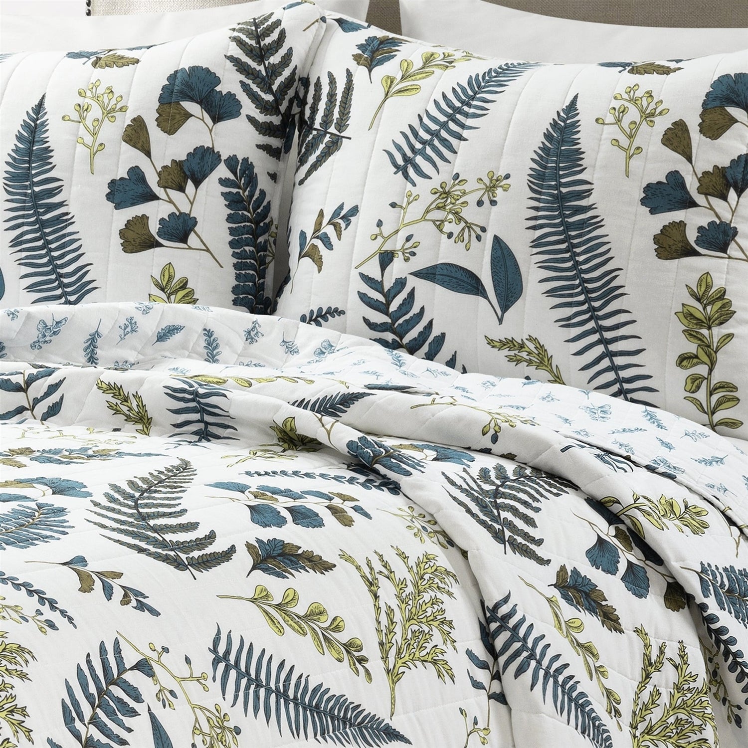 Full/Queen Reversible Cotton Lightweight Floral Fern Leaves 3 Piece Quilt Set-2