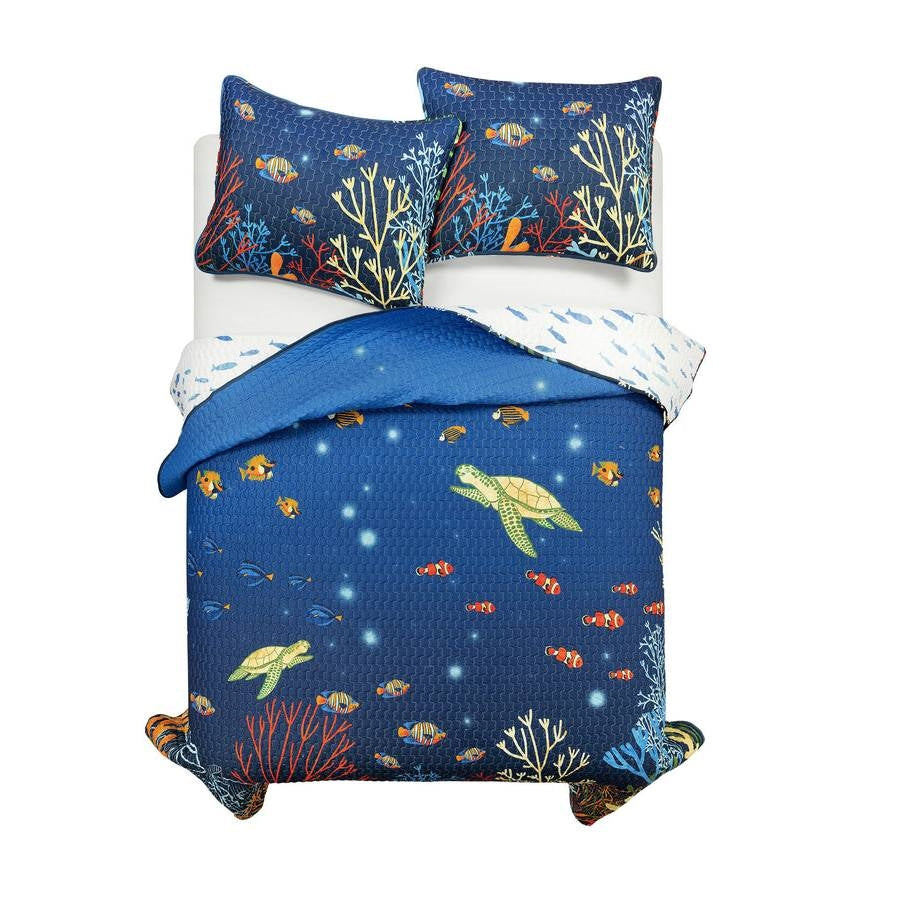 Full/Queen 3 Piece Ocean Navy Blue Clown Fish Coral Reef Reversible Quilt Set-0