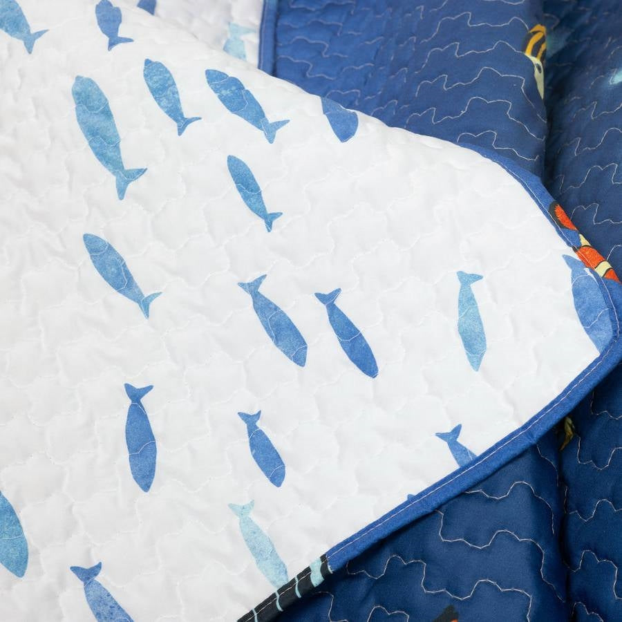 Full/Queen 3 Piece Ocean Navy Blue Clown Fish Coral Reef Reversible Quilt Set-3