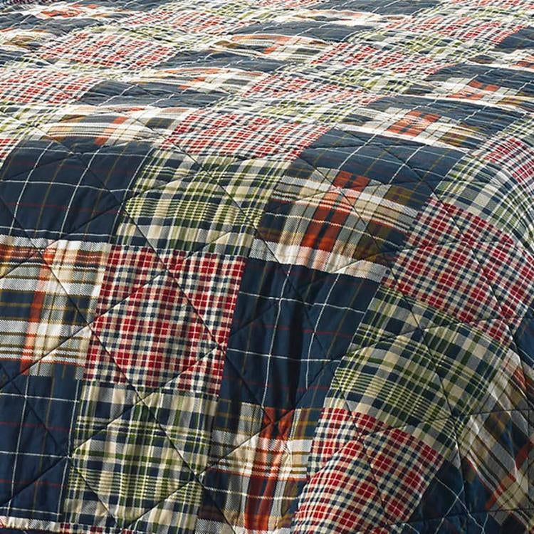 Full / Queen Farmhouse Red Navy Plaid 100-Percent Cotton Reversible Quilt Set-1