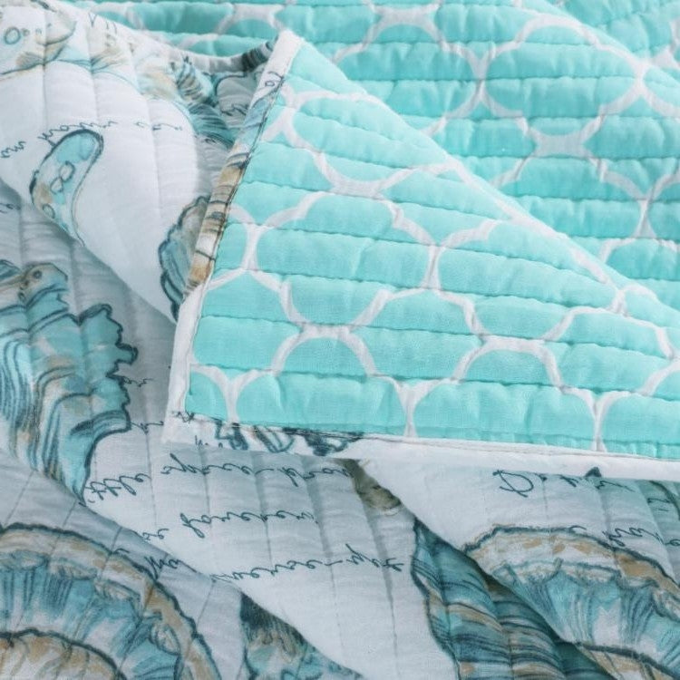 Full / Queen Coastal Seashells White Teal 3 Piece Polyester Reversible Quilt Set-1