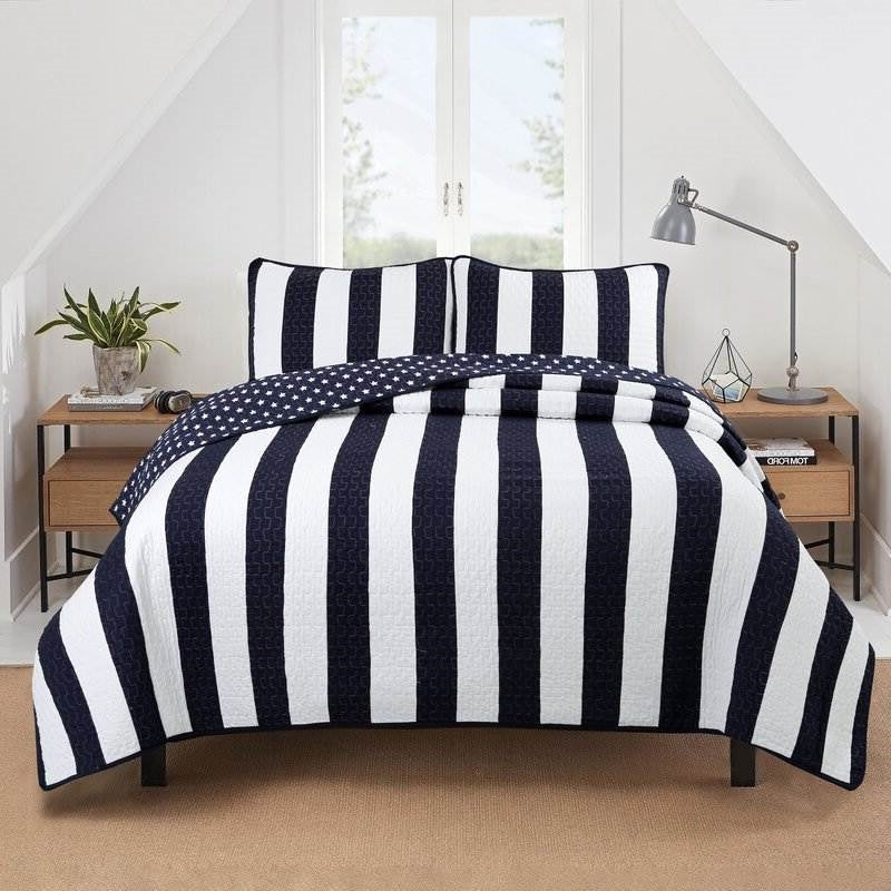 Full/Queen 3 Piece Navy Blue White Stars Stripes 100-Percent Cotton Quilt Set-0