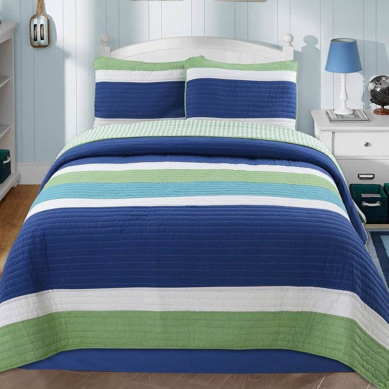 Full/Queen Navy Blue/Green/Teal/White Stripe 100-Percent Cotton Quilt Set-0