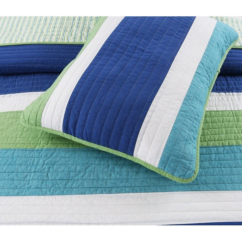 Full/Queen Navy Blue/Green/Teal/White Stripe 100-Percent Cotton Quilt Set-1