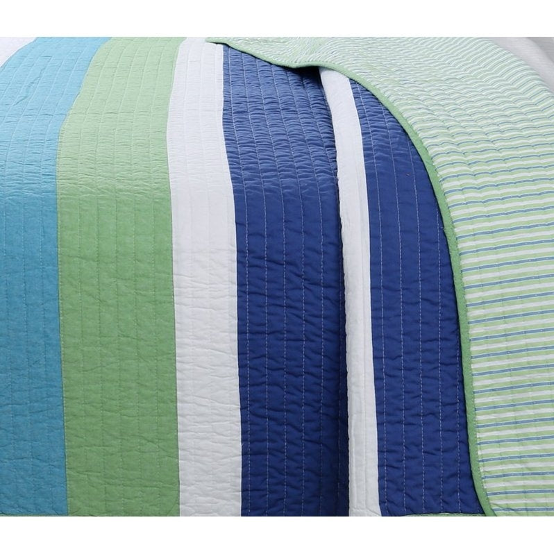 Full/Queen Navy Blue/Green/Teal/White Stripe 100-Percent Cotton Quilt Set-2