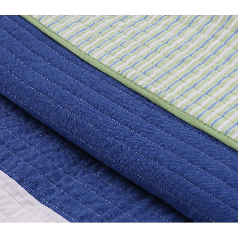 Full/Queen Navy Blue/Green/Teal/White Stripe 100-Percent Cotton Quilt Set-3