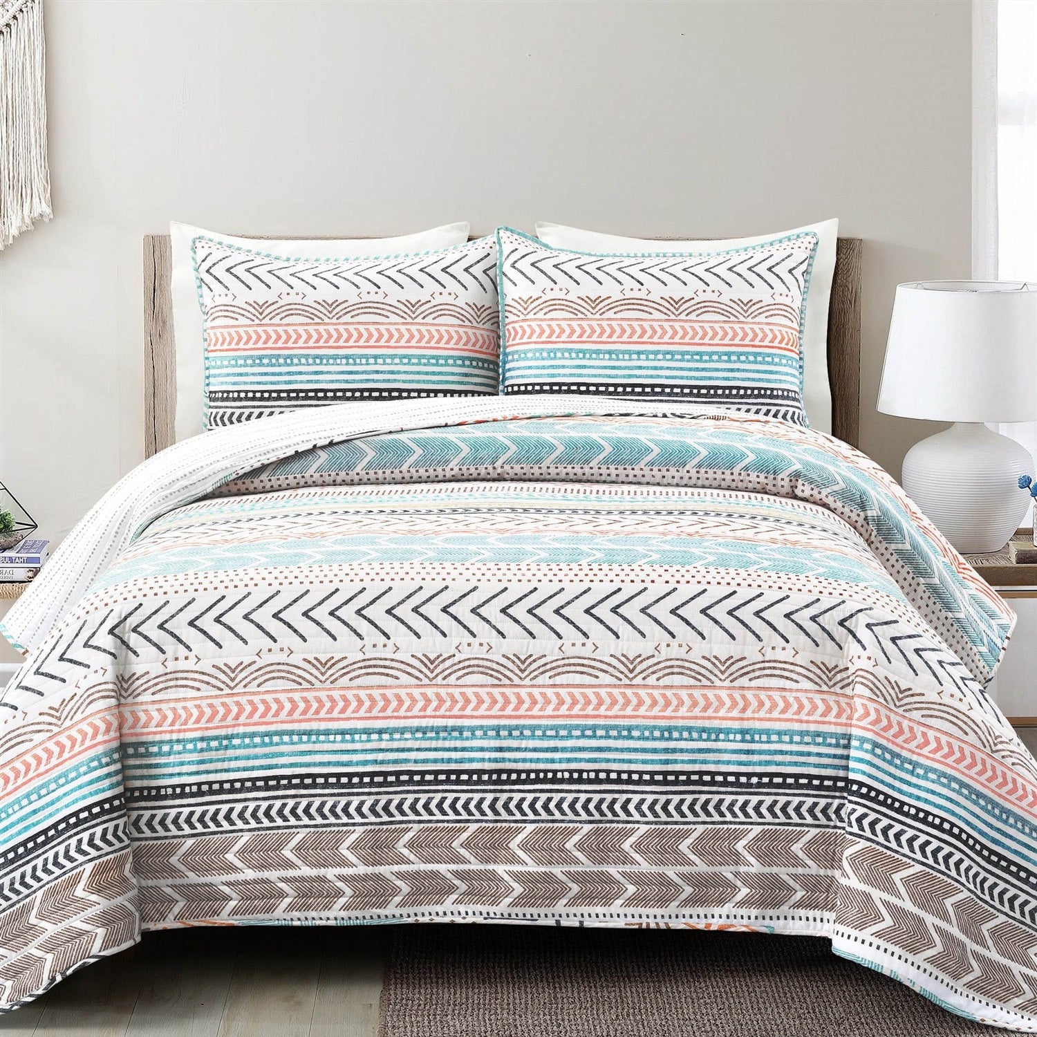 Full/Queen Scandinavian Chevron Teal White Orange Reversible Cotton Quilt Set-0