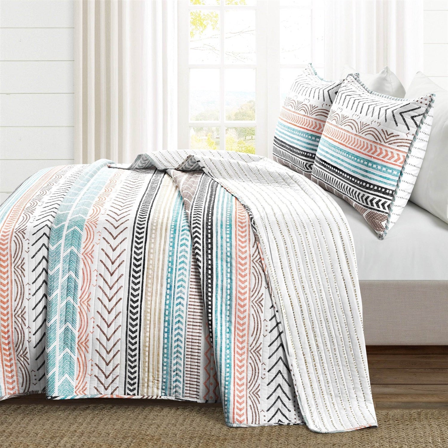 Full/Queen Scandinavian Chevron Teal White Orange Reversible Cotton Quilt Set-1