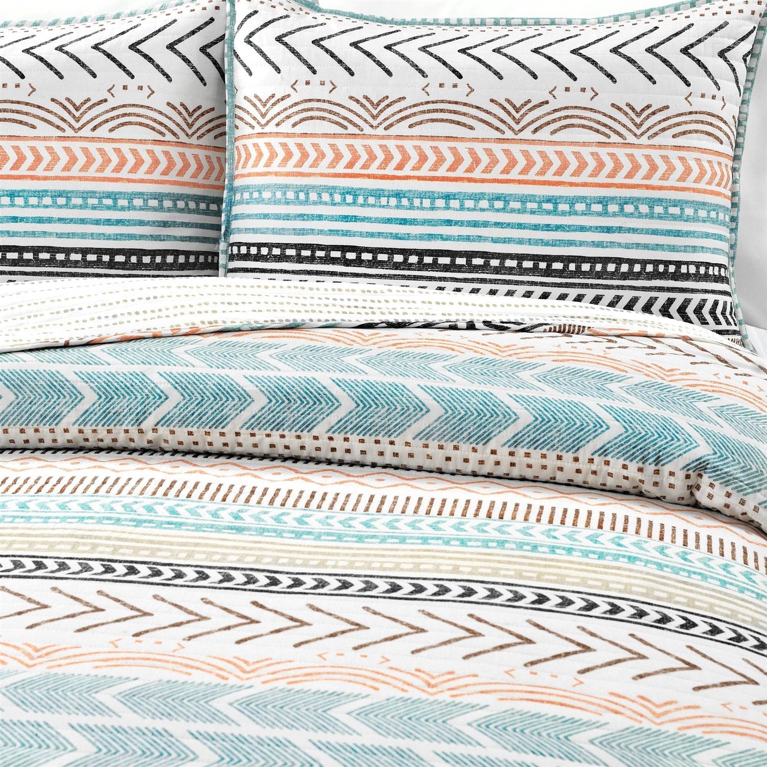 Full/Queen Scandinavian Chevron Teal White Orange Reversible Cotton Quilt Set-2