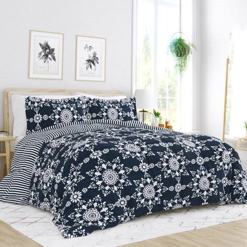 Full/Queen size 3-Piece Navy Blue White Reversible Floral Striped Comforter Set-0