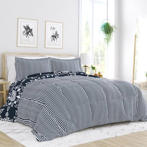 Full/Queen size 3-Piece Navy Blue White Reversible Floral Striped Comforter Set-1