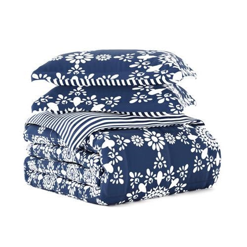 Full/Queen size 3-Piece Navy Blue White Reversible Floral Striped Comforter Set-2