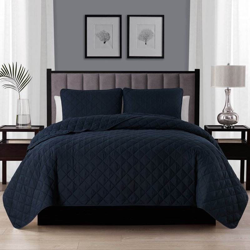 Full Queen 3-Piece Navy Blue Polyester Microfiber Reversible Diamond Quilt Set-0