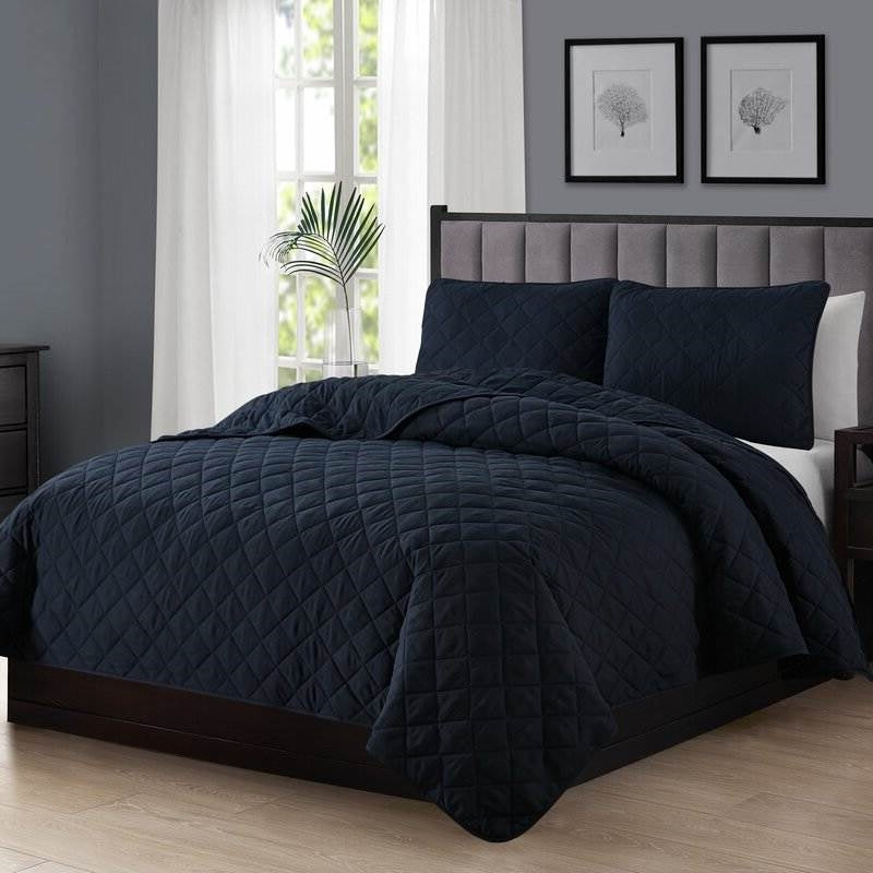 Full Queen 3-Piece Navy Blue Polyester Microfiber Reversible Diamond Quilt Set-1