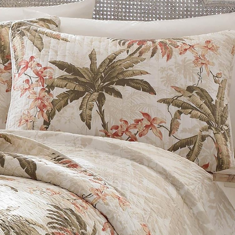 Full / Queen Cotton Coastal Palm Tree Floral 3 Piece Reversible Quilt Set-1