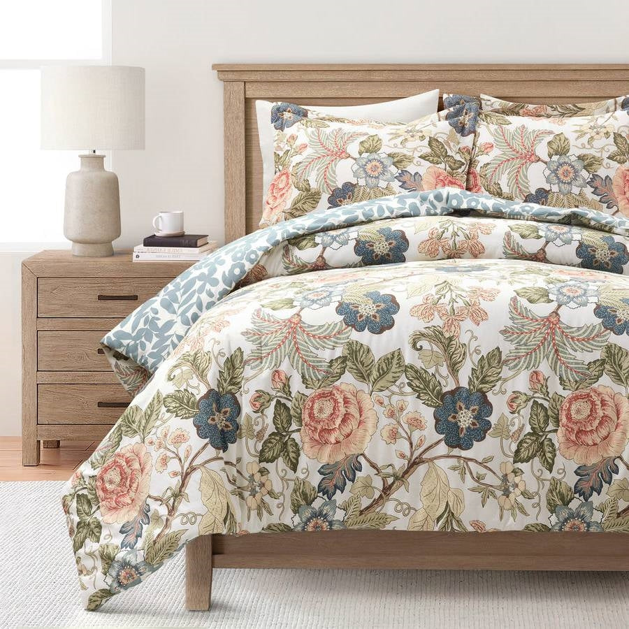 Full/Queen Floral Country Cottage Blue Green Coral Beige 3 Piece Comforter Set-0