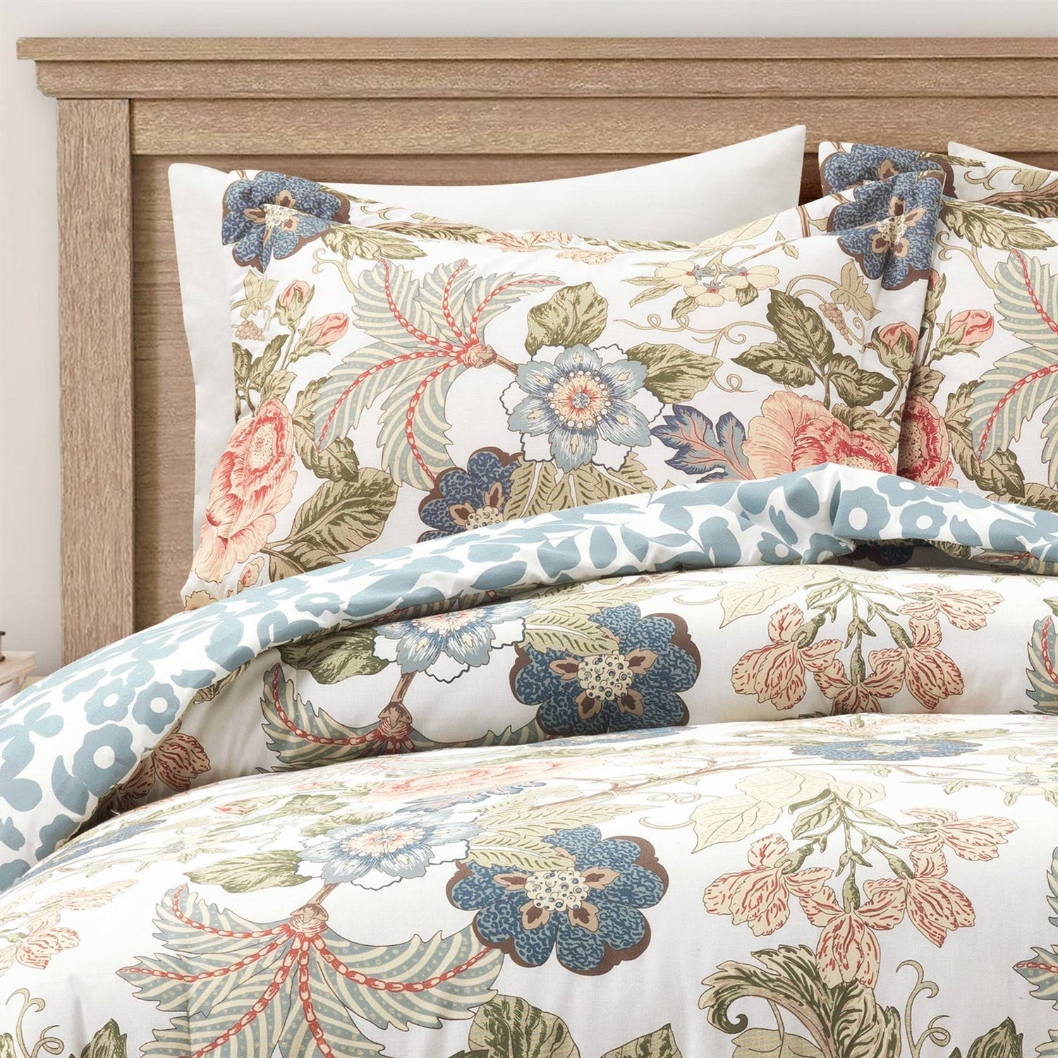 Full/Queen Floral Country Cottage Blue Green Coral Beige 3 Piece Comforter Set-1