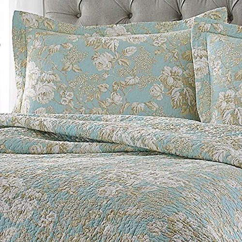 Full / Queen 3-Piece Cotton Quilt Set in Seafoam Blue Beige Floral Pattern-1