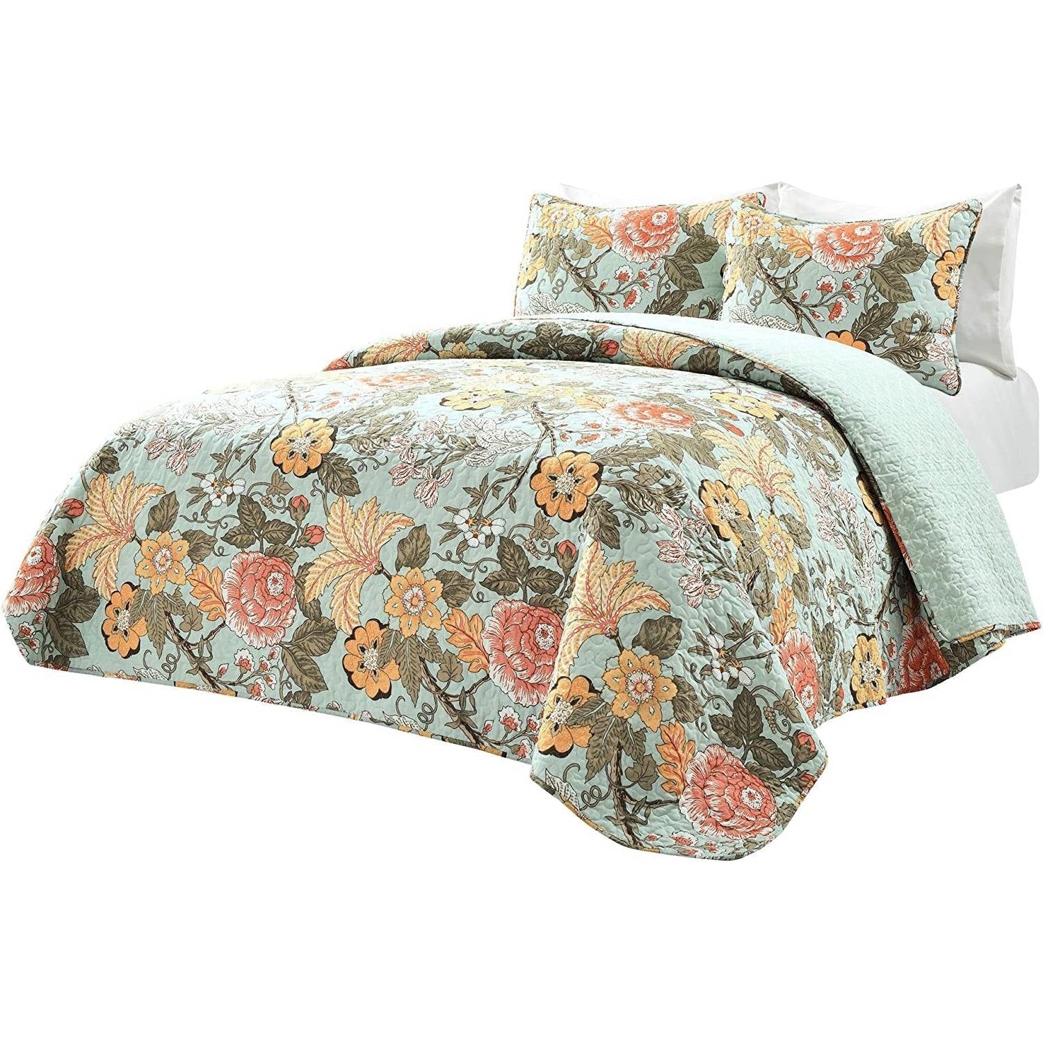 Full/Queen 3 Piece Farmhouse Teal Blue Floral Cotton Reversible Quilt Set-0