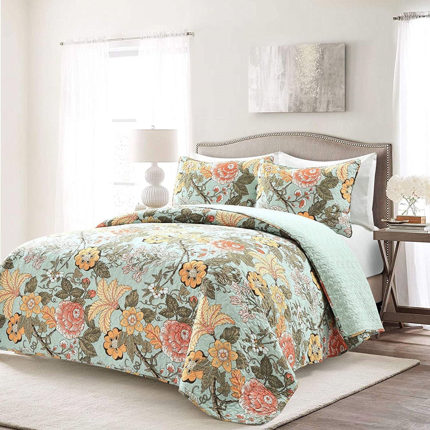 Full/Queen 3 Piece Farmhouse Teal Blue Floral Cotton Reversible Quilt Set-1