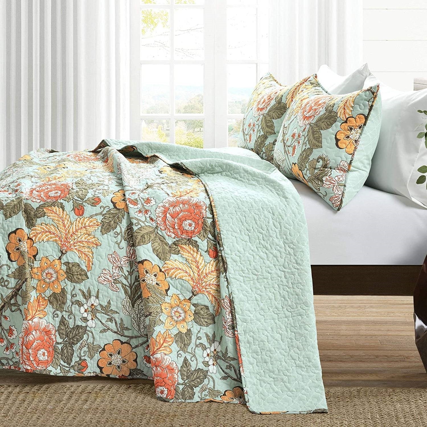 Full/Queen 3 Piece Farmhouse Teal Blue Floral Cotton Reversible Quilt Set-2