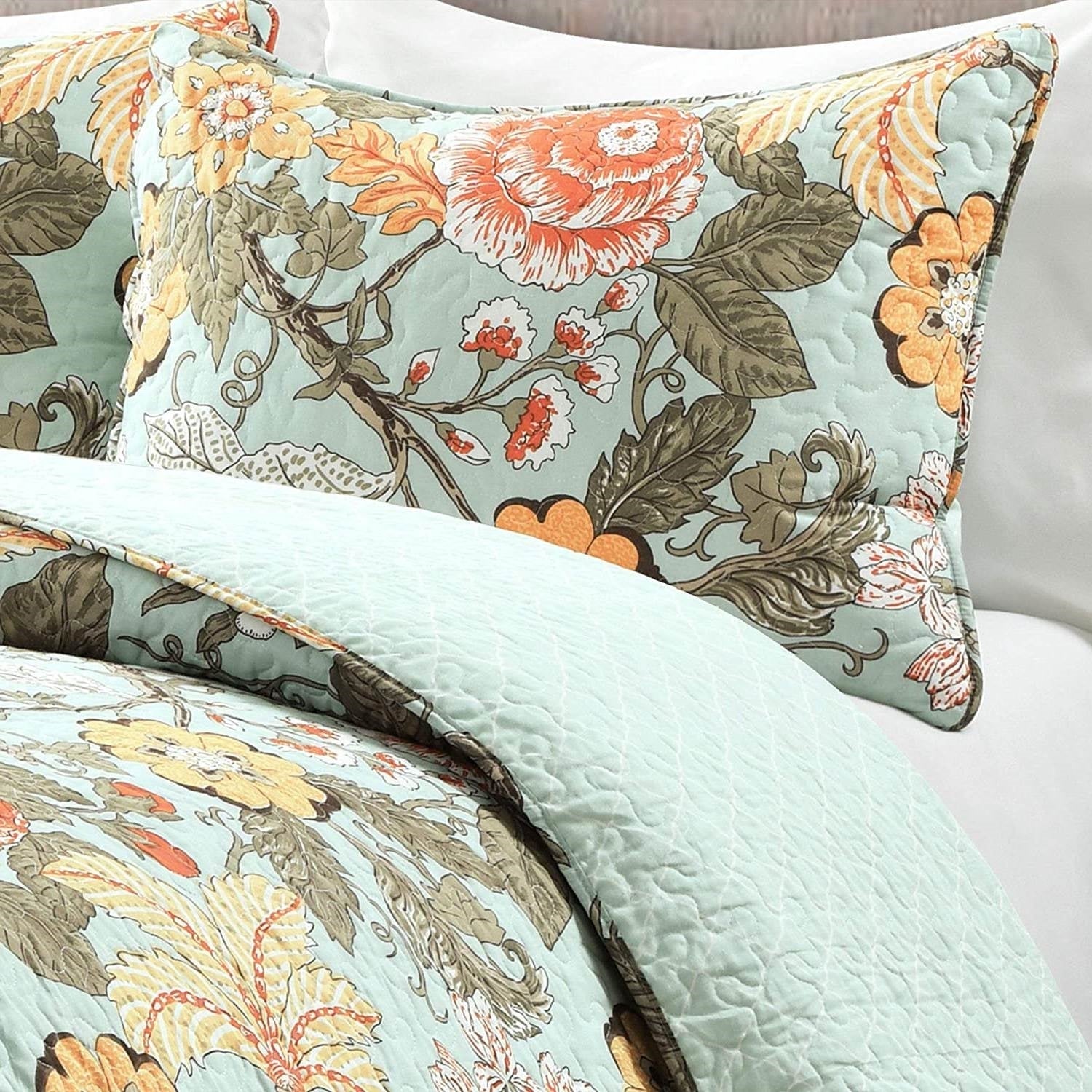 Full/Queen 3 Piece Farmhouse Teal Blue Floral Cotton Reversible Quilt Set-3