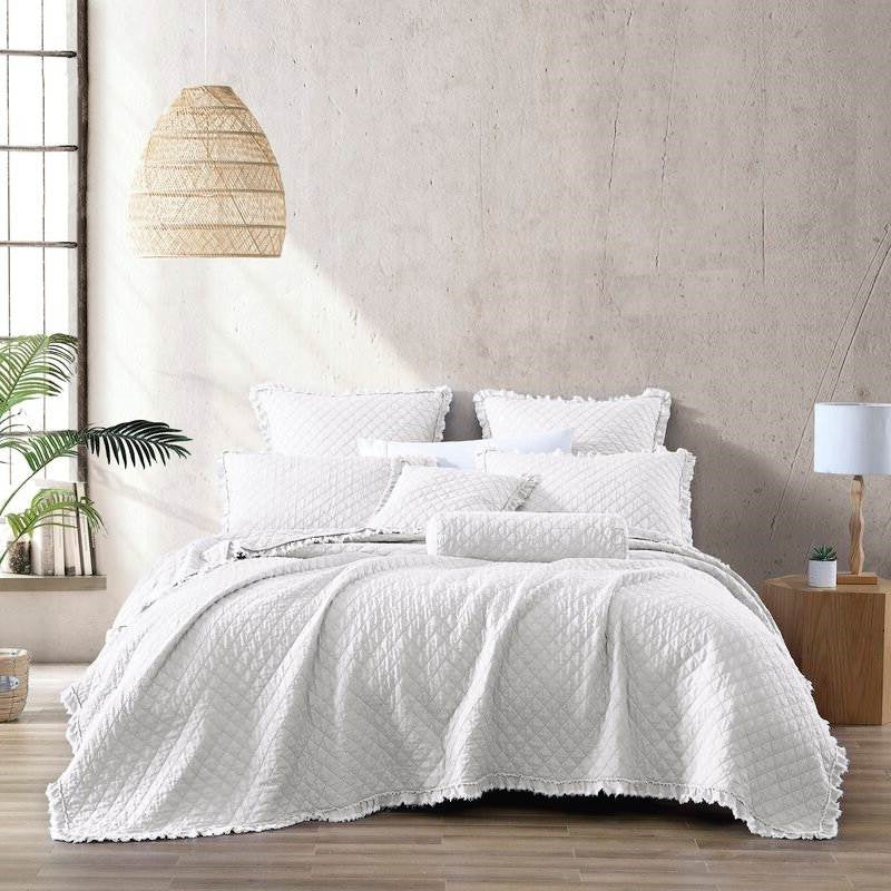 Full Queen White Farmhouse Microfiber Diamond Quilted Bedspread Set Frayed Edges-0