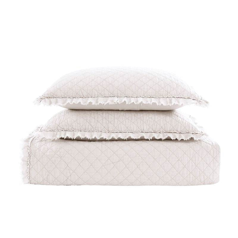 Full Queen White Farmhouse Microfiber Diamond Quilted Bedspread Set Frayed Edges-1